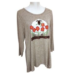 Cactus Pearl Sheep Tunic Top Size‎ L Brown 3/4 Sleeve Embroidered Cracker Barrel